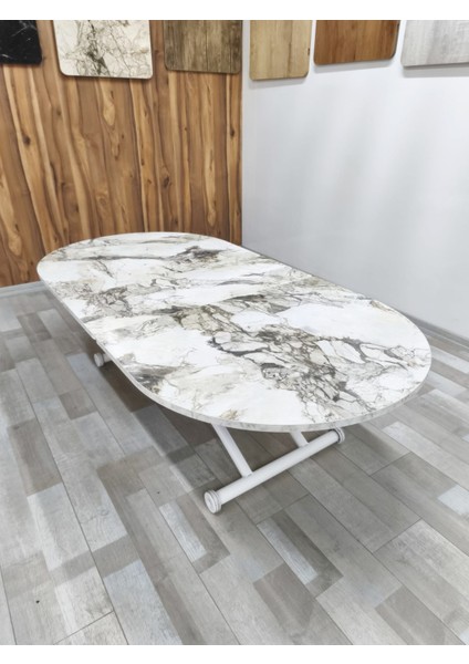 Ortadan Açılır Akıllı Yemek Masası Oval Mdf Tabla Alt Mekanizma Metal Beyaz Renk modelleri