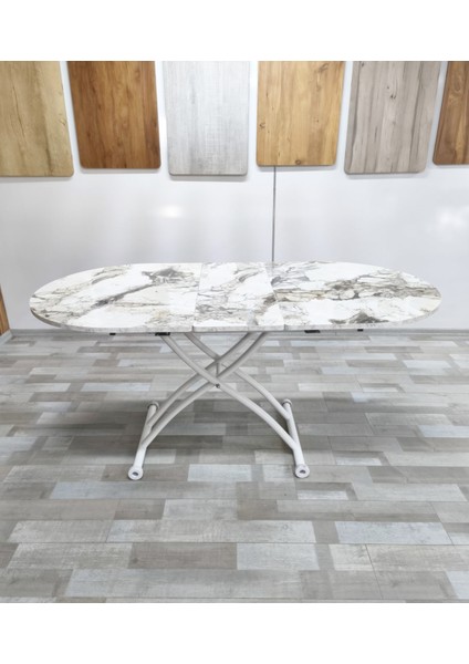 Ortadan Açılır Akıllı Yemek Masası Oval Mdf Tabla Alt Mekanizma Metal Beyaz Renk indirimleri