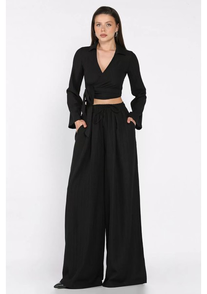 Kruvaze Yaka Bel Bağcıklı Bluz Pantolon Ikili Takım P-00017492