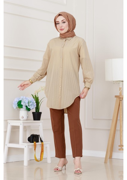 Göğüsü Taş Detaylı Oversize Tunik-Bej
