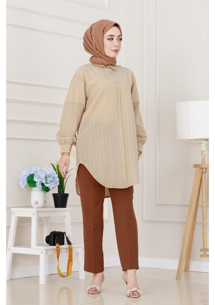 Göğüsü Taş Detaylı Oversize Tunik-Bej