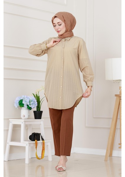 Göğüsü Taş Detaylı Oversize Tunik-Bej