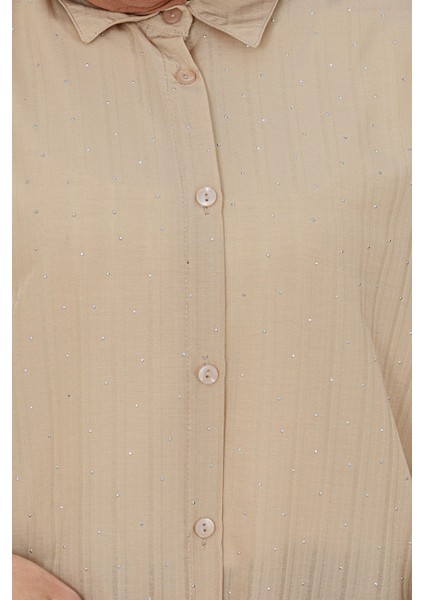 Göğüsü Taş Detaylı Oversize Tunik-Bej