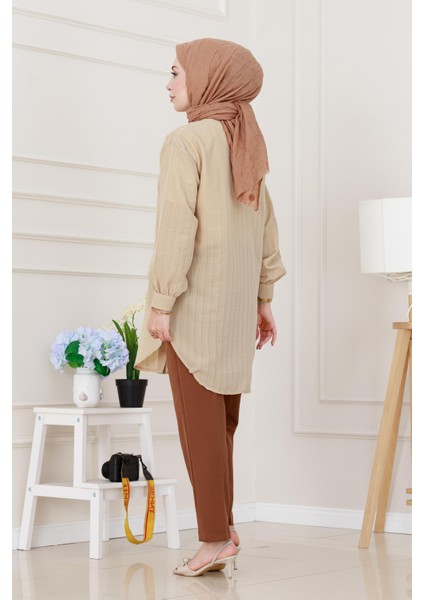 Göğüsü Taş Detaylı Oversize Tunik-Bej