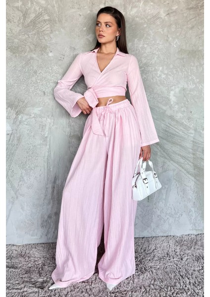Kruvaze Yaka Bel Bağcıklı Bluz Pantolon Ikili Takım P-00017492