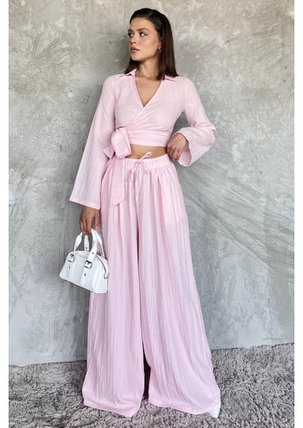 Kruvaze Yaka Bel Bağcıklı Bluz Pantolon Ikili Takım P-00017492