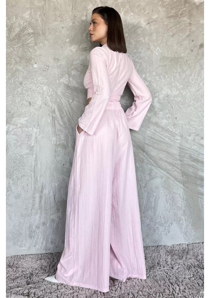 Kruvaze Yaka Bel Bağcıklı Bluz Pantolon Ikili Takım P-00017492