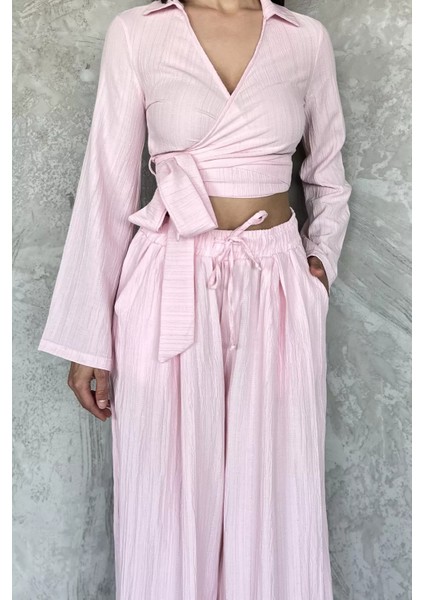 Kruvaze Yaka Bel Bağcıklı Bluz Pantolon Ikili Takım P-00017492