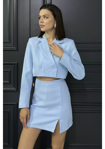 Çizgili Crop Top Ceket Şort Etek Ikili Takım P-00017454