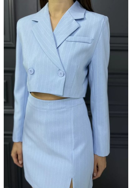Çizgili Crop Top Ceket Şort Etek Ikili Takım P-00017454