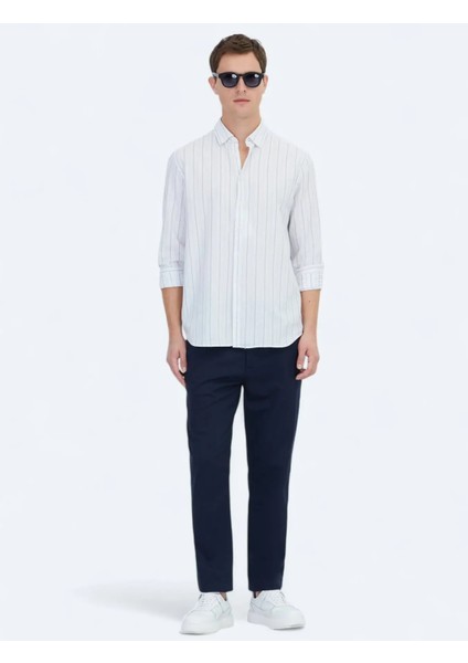 Mavi Çizgili Regular Fit Dokuma Casual %100 Pamuk Gömlek