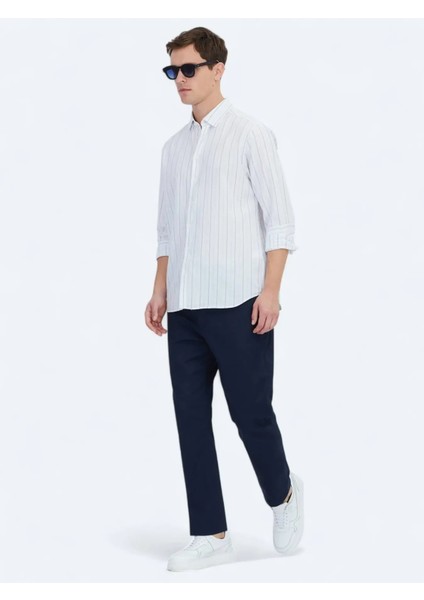 Mavi Çizgili Regular Fit Dokuma Casual %100 Pamuk Gömlek