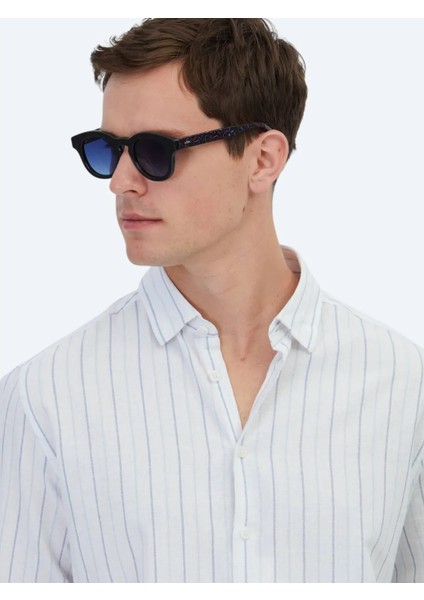 Mavi Çizgili Regular Fit Dokuma Casual %100 Pamuk Gömlek