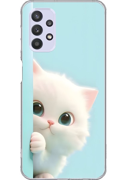 Samsung Galaxy A32 Uyumlu Şeffaf Kılıf 2 Peluş Kedi Tasarımlı