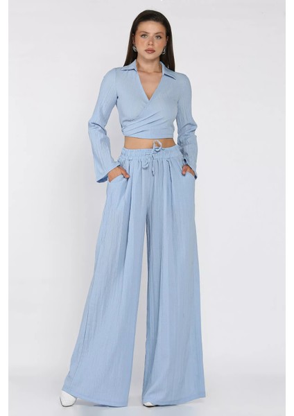 Kruvaze Yaka Bel Bağcıklı Bluz Pantolon Ikili Takım P-00017492