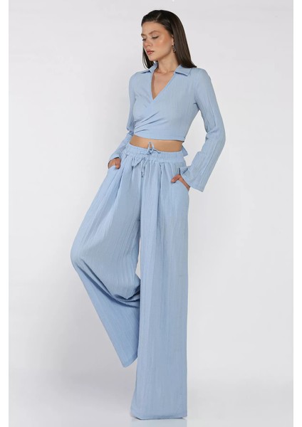 Kruvaze Yaka Bel Bağcıklı Bluz Pantolon Ikili Takım P-00017492