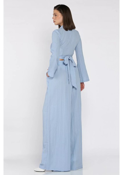 Kruvaze Yaka Bel Bağcıklı Bluz Pantolon Ikili Takım P-00017492