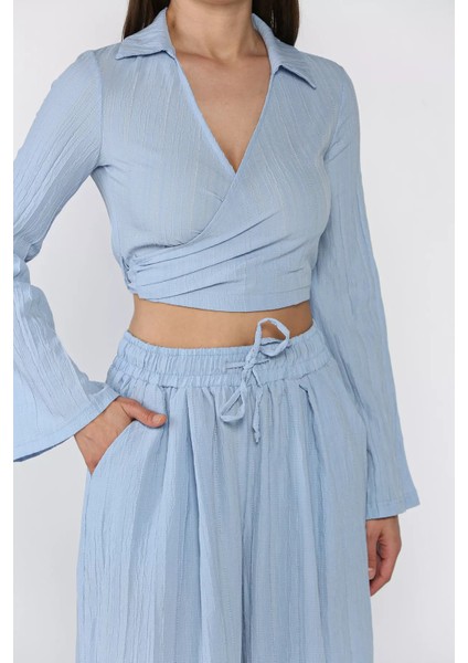 Kruvaze Yaka Bel Bağcıklı Bluz Pantolon Ikili Takım P-00017492