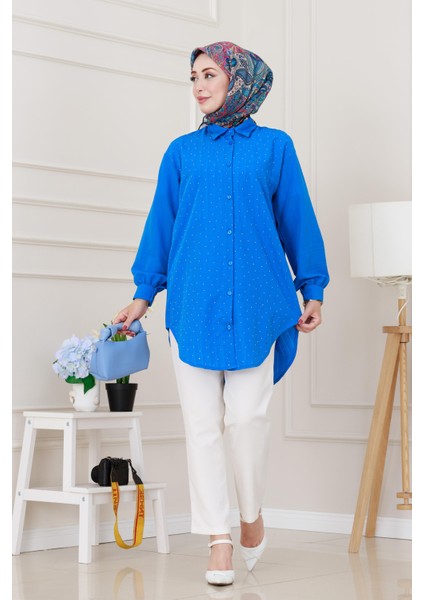 Göğüsü Taş Detaylı Oversize Tunik-Mavi fiyatları