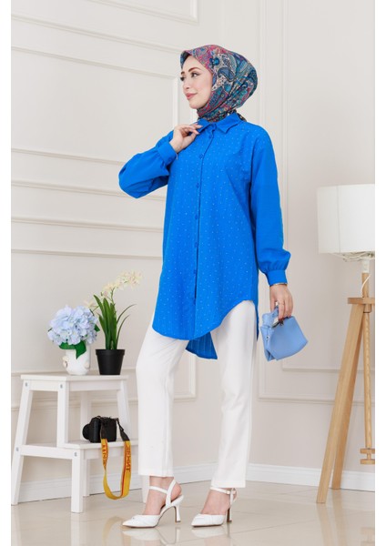 Göğüsü Taş Detaylı Oversize Tunik-Mavi modelleri