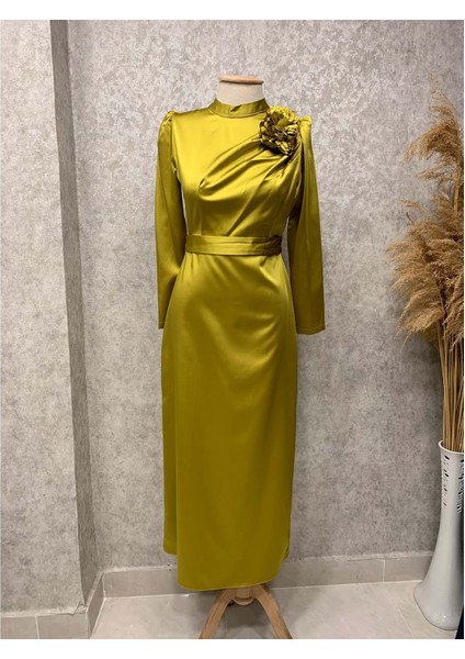 25Y3298 Elbise Saten Çiçek Bronşlu Eteği Kalem - Vishne - 25Y3298 - Asit - 36