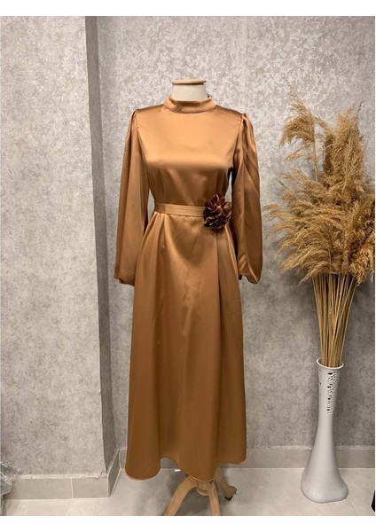 25Y3402 Elbise Saten Balon Kol Bel Kuşaklı Gül Bronşlu - Vishne - 25Y3402 - Camel - 2