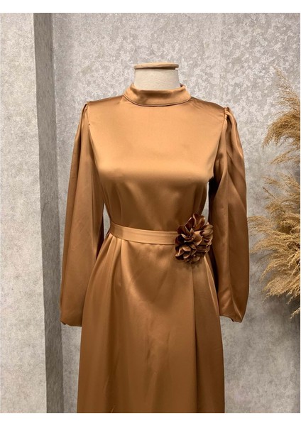 25Y3402 Elbise Saten Balon Kol Bel Kuşaklı Gül Bronşlu - Vishne - 25Y3402 - Camel - 2