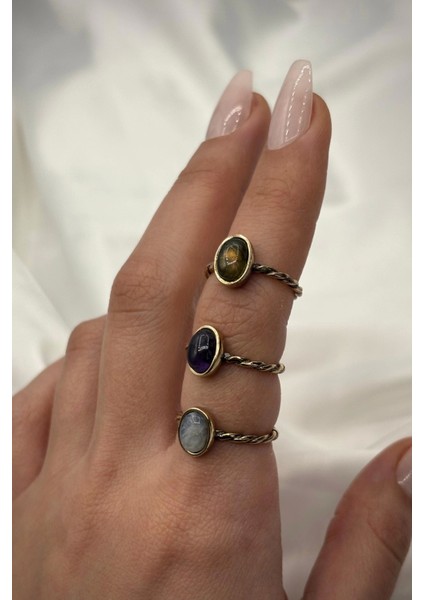 Vintage Seri Ayarlanabilir Paslanmaz Kararmaz Burgu Kol Elips Tasarım Ametist Doğal Taş Bronz Yüzük modelleri