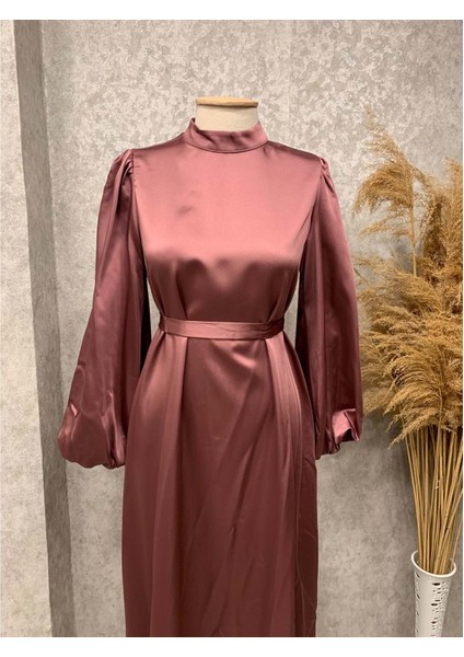 25Y3402 Elbise Saten Balon Kol Bel Kuşaklı Gül Bronşlu - Vishne - 25Y3402 - Gül Kurusu - 1 fiyatları