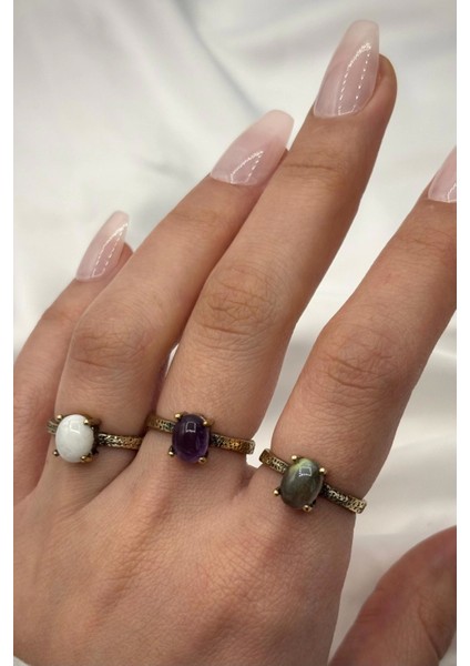 Vintage Seri Ayarlanabilir Paslanmaz Kararmaz Yüksek Oval Tasarım Ametist Doğal Taş Bronz Yüzük modelleri
