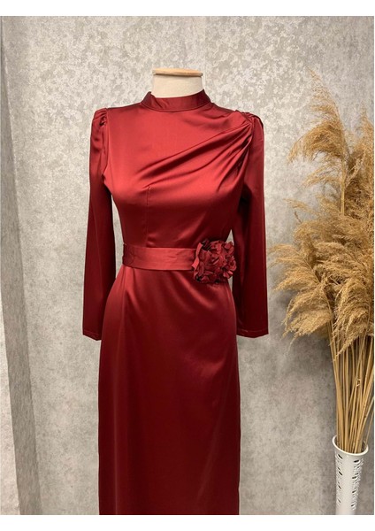 25Y3298 Elbise Saten Çiçek Bronşlu Eteği Kalem - Vishne - 25Y3298 - Bordo - 44 fiyatları
