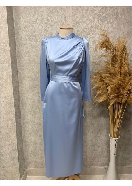 25Y3298 Elbise Saten Çiçek Bronşlu Eteği Kalem - Vishne - 25Y3298 - Mavi - 40