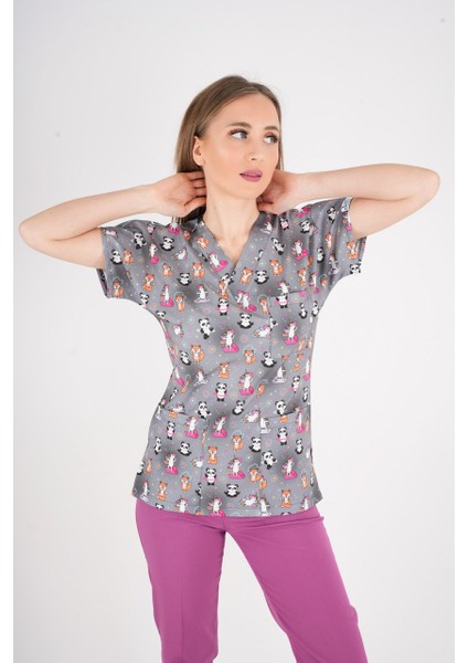 Unisex Pandex Desenli Doktor Hemşire Hastane Aşçı Mutfak Scrubs Tek Üst Üniforma