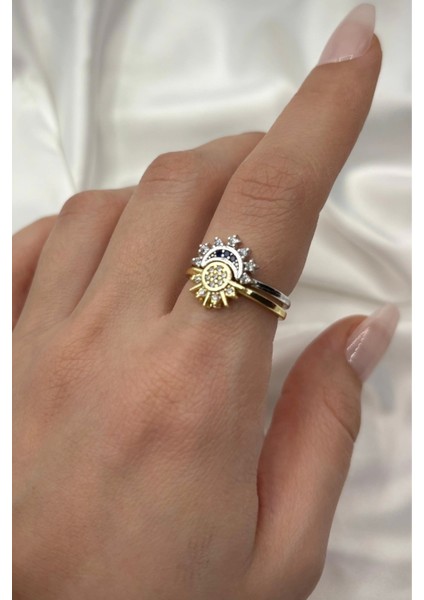 İthal Seri 2'li Kombinlenebilir Zirkon Taşlı Güneş Ay Tasarım Ayarlanabilir Kadın Arkadaş Yüzüğü fiyatları