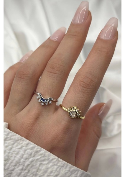 İthal Seri 2'li Kombinlenebilir Zirkon Taşlı Güneş Ay Tasarım Ayarlanabilir Kadın Arkadaş Yüzüğü modelleri