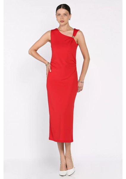 Kadın Bel Büzgülü Omuz Aksesuar Detaylı Likralı Elbise P-00017497