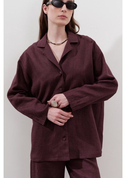 Keten Geniş Kollu Gömlek Mürdüm