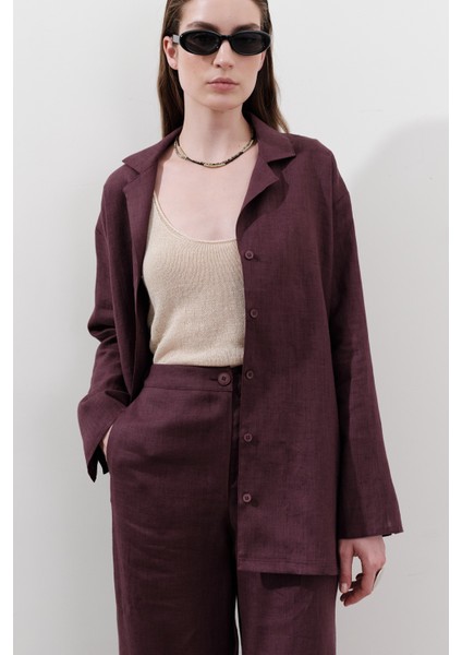 Keten Geniş Kollu Gömlek Mürdüm fiyatları