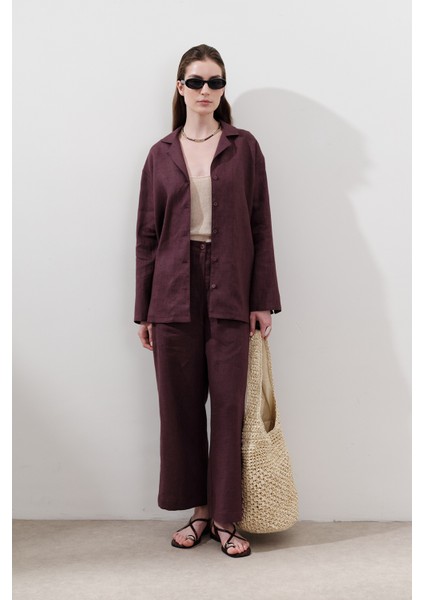 Keten Geniş Kollu Gömlek Mürdüm fırsatları