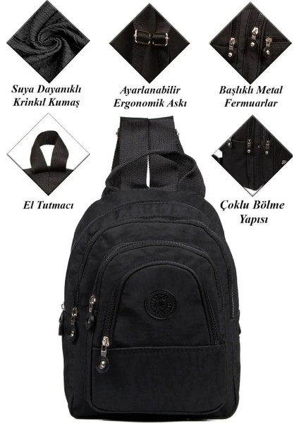 Siyah Unisex Krinkıl Kumaş Çok Bölmeli Sırt Çantası Günlük Çok Gözlü Suya Dayanıklı fiyatları