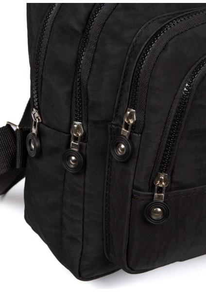 Siyah Unisex Krinkıl Kumaş Çok Bölmeli Sırt Çantası Günlük Çok Gözlü Suya Dayanıklı