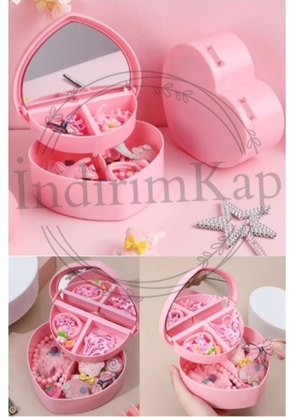 Pembe Kalp Tasarımlı Aynalı Takı Saklama Kutusu Bölmeli, Şık ve Kullanışlı Hediye Seçeneği