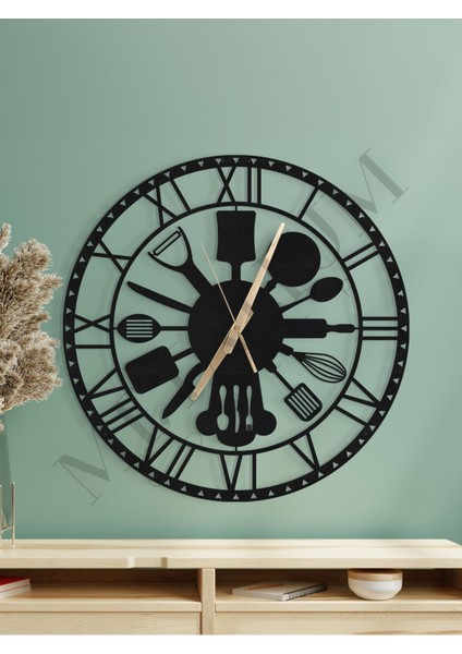 Mat Siyah Metal Duvar Saati, Mutfak Temalı, 45X45CM