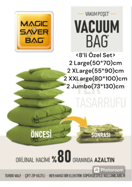 Yeşil Vakumlu Hurç Seti, Yorgan ve Gardırop Düzenleyici, 8'li, Çok Amaçlı, Pratik Kullanım