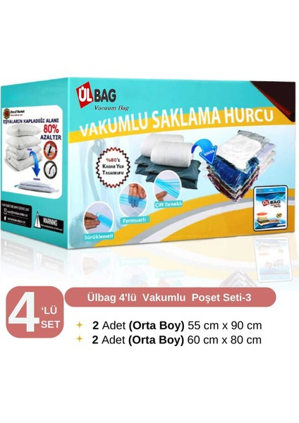 4'lü Ekru Vakumlu Poşet Seti, 2 Orta ve 2 Orta Boy, Saklama ve Düzenleme Için