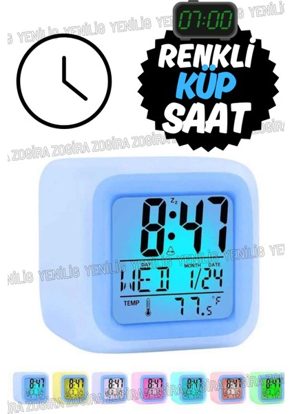 7 Renkli Dijital Küp Çalar Saat, Çocuk Odası Için Modern ve Çok Fonksiyonlu