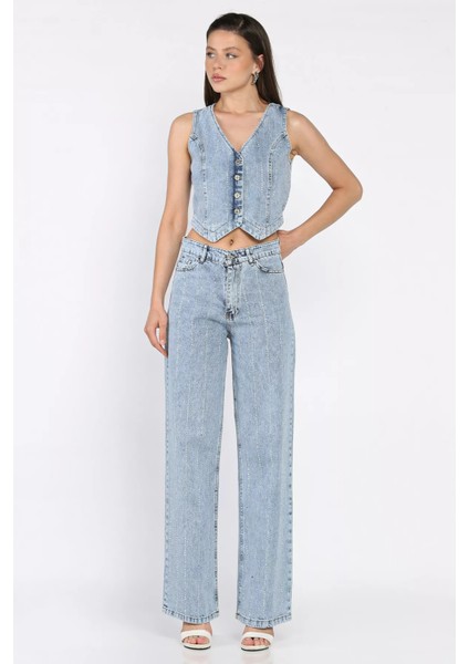Taş Detaylı Jean Kot Yelek Pantolon Ikili Takım P-00017425