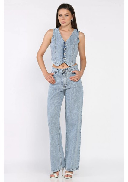 Taş Detaylı Jean Kot Yelek Pantolon Ikili Takım P-00017425 fiyatları