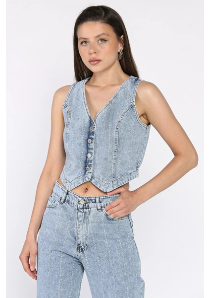 Taş Detaylı Jean Kot Yelek Pantolon Ikili Takım P-00017425 modelleri