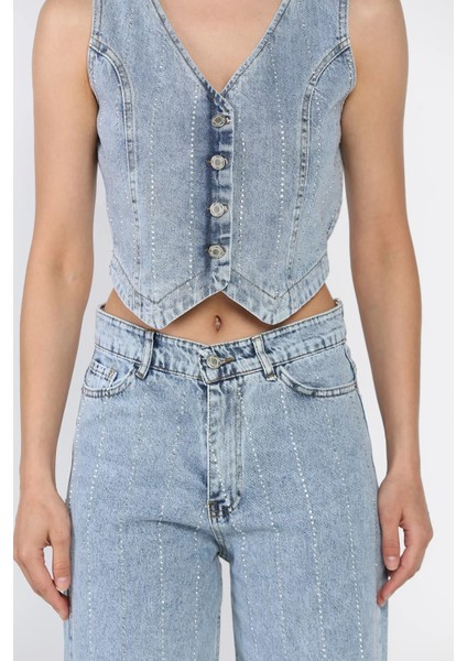 Taş Detaylı Jean Kot Yelek Pantolon Ikili Takım P-00017425 fırsatları
